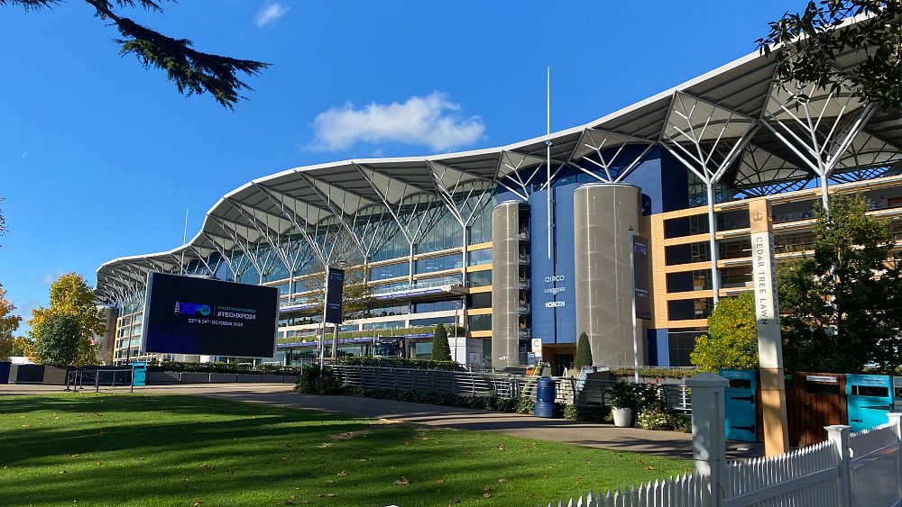 Entrance to Ascot Racecourse with a visible sign for TechXPO.