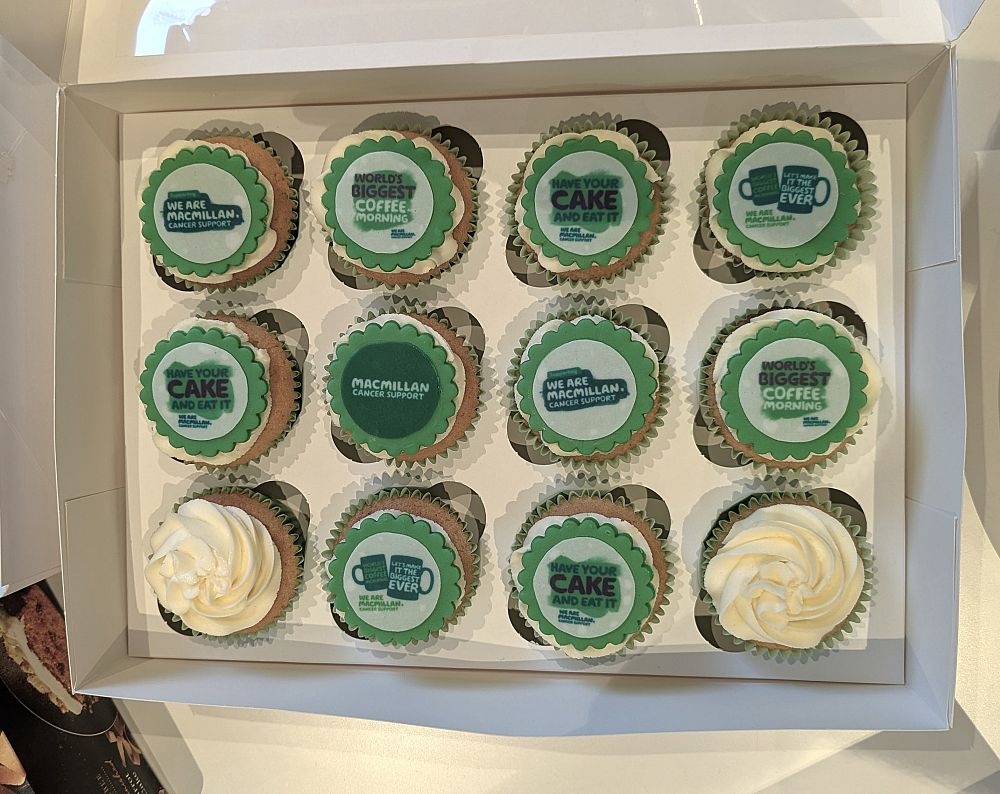 Macmillan-branded cupcakes from our charity sale, supporting Macmillan Cancer Support.