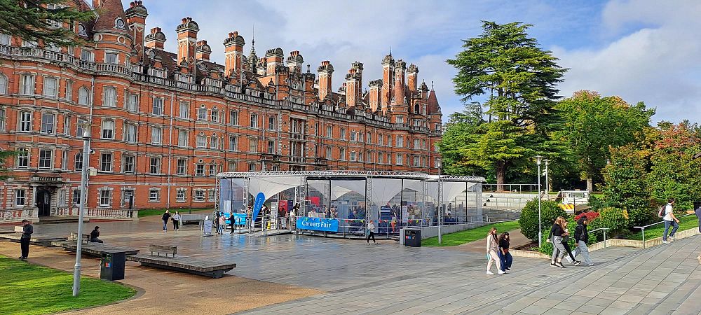 Exterior view of Royal Holloway, University of London, capturing the location of the career events, featuring the Founder's Building and surrounding gardens